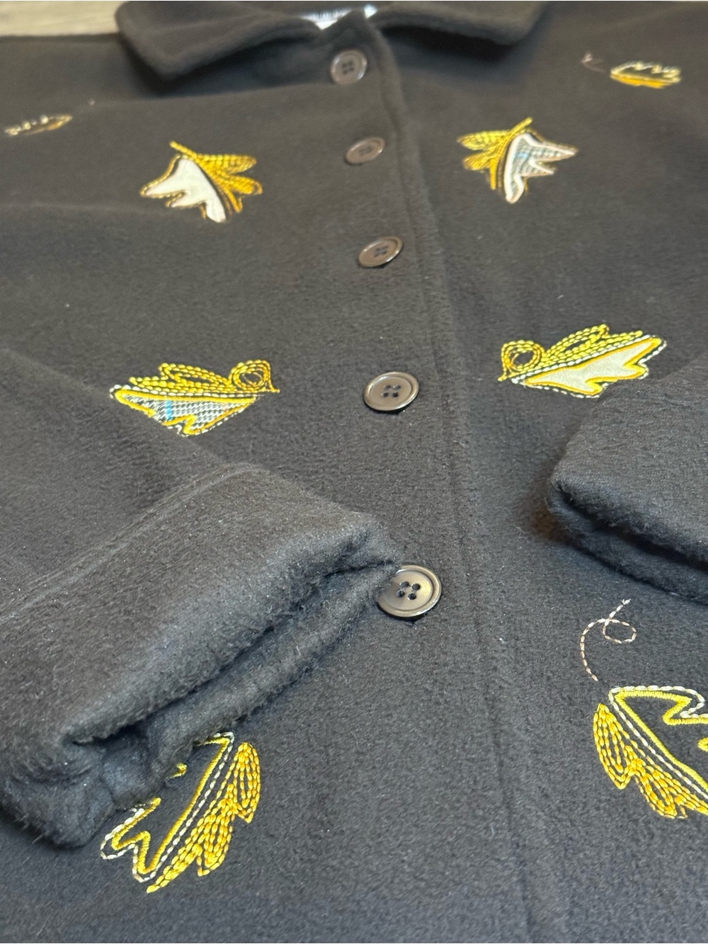 Leslie Fay Dark Brown Pea Coat with Yellow & Cream Leaf Appliqués - Picture 6 of 10